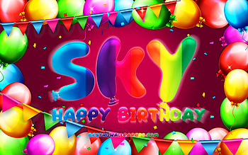 Happy Birtay Sky, , colorful balloon frame, Sky name, purple background, Sky Happy Birtay, Sky Birtay, popular american female names, Birtay concept, Sky HD wallpaper