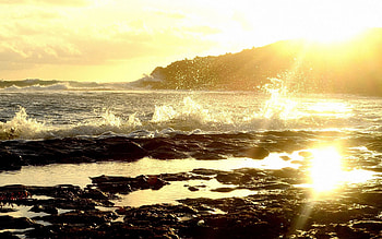 Nature, Sea, Sun, Waves, Shining, Shore, Bank, Shine, Light, Spray, Rocky, Stony HD wallpaper