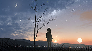Meteor Streak In Sky And Anime Alone, sky, anime, alone, anime-girl, artwork, art, digital-art, artist, pixiv HD wallpaper