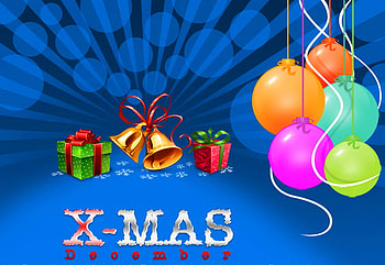 XMas, blue, balloons, holiday, presents, colors, bells HD wallpaper