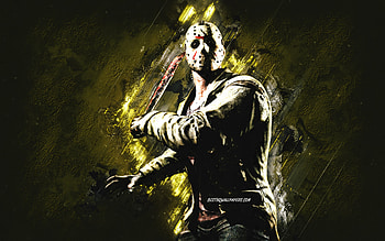 Jason Voorhees, Mortal Kombat, yellow stone background, Mortal Kombat 11, Jason Voorhees grunge art, Mortal Kombat characters, Jason Voorhees character HD wallpaper