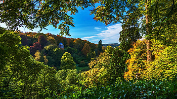 Stourhead Garden, Wiltshire, England, gazebo, trees, sky, hill, landscape HD wallpaper