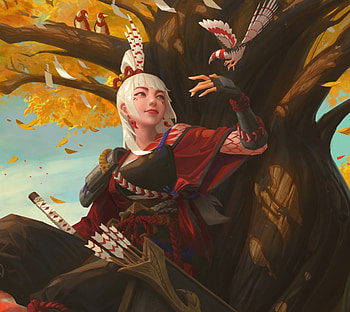 Fantasy girl, autumn, toamna, tree, frumusete, bird, art, girl, fantasy, lejia chan, yellow, red HD wallpaper