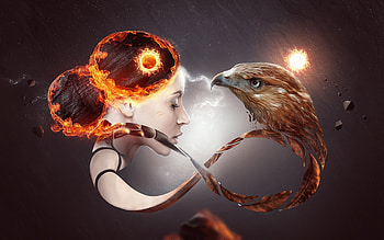 :-), bird, fantasy, flower, girl, luminos, scorpio, fire HD wallpaper