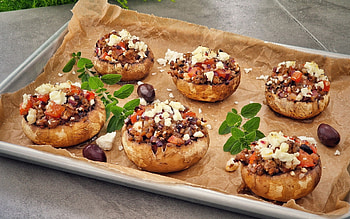 Greek-style stuffed mushrooms, Mediterranean flavors, Savory appetizer, Vegan delight HD wallpaper