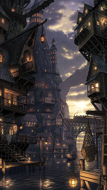 lantern, house, fantasy, city HD phone wallpaper