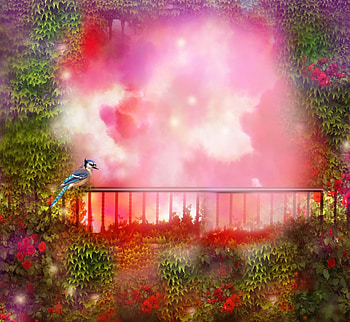 ✫Pink Balcony✫, colorful, colors, stock , bird, roses, exterior, beautiful, premade BG, lovely flowers, backgrounds, creative pre-made, love four seasons, pink, leaves, nature, garden and parks, flowers HD wallpaper