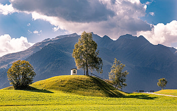 Chapel in Switzerland, mountains, chapel, Switzerland, benches, trees, clouds HD wallpaper