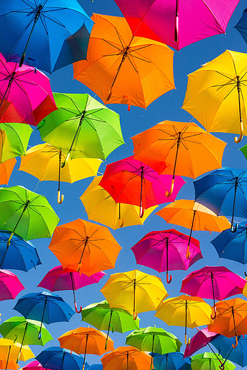 Sky, Rainbow, Bright, Miscellanea, Miscellaneous, Multicolored, Motley, Iridescent, Positive, Umbrella HD phone wallpaper
