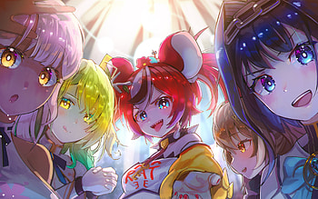 Hakos Baelz, Nanashi Mumei, Tsukumo Sana, Ouro Kronii, Ceres Fauna, Virtual YouTuber, manga, VTuber HD wallpaper