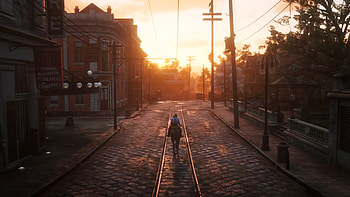 Red Dead Redemption 2 - Saint Denis sunset, cowboy, Arthur Morgan, sunset, city, video game, Red Dead Redemption 2 HD wallpaper