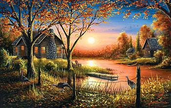 Glorious Sunset - Chuck Black, artwork, river, painting, trees, pier, autumn, cabin HD wallpaper
