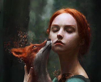 :), fantasy, david yo, vulpe, kiss, redhead, girl, fox HD wallpaper