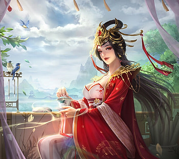 Princess, bird, fantasy, red, luminos, shen ke, girl, cup, frumusete, gorgeous, superb HD wallpaper