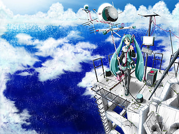 Hatsune Miku, blue, anime, sky, girl, twin tails, long hair HD wallpaper
