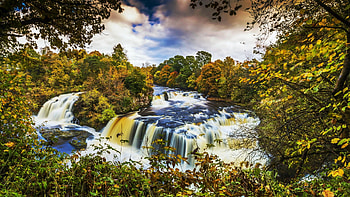 Waterfall in the Clyde Valley Woodlands, Scotland, river, trees, cascade, rocks HD wallpaper