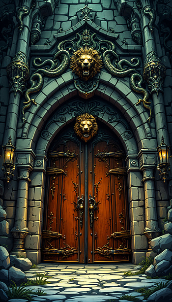Dungeon Doorway: A Captivating , door, castle, lion HD phone wallpaper