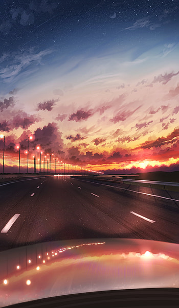 Road, Sunset, Art, Twilight, Turn, Dusk HD phone wallpaper