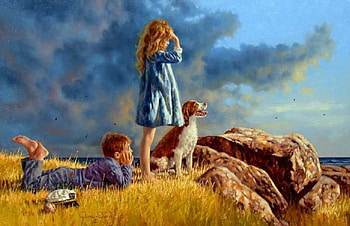 Painting, dog, boy, art, stone, girl HD wallpaper