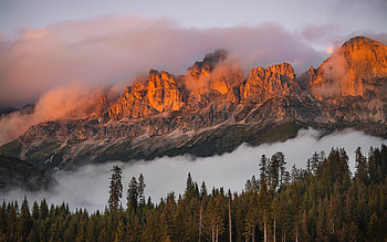 Sunset over Dolomites, fog, dolomites, mountains, sunset HD wallpaper