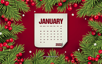 2022 January calendar, red christmas background, January, 2022 concepts, 2022 winter calendars, January 2022 calendar HD wallpaper