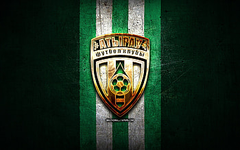 Atyrau FC, golden logo, Kazakhstan Premier League, green metal background, football, Kazakh football club, Atyrau FC logo, soccer, FC Atyrau HD wallpaper