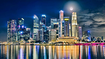 fantastic moon over city r, night, skyscrapers, city, moon, r, waterfront, reflections HD wallpaper