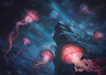 Jellyfish, pink, art, fantasy, luminos, dark, vexim hide, blue, summer, vara HD wallpaper