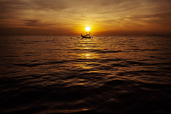 Sunset, Sea, Twilight, Waves, Dark, Dusk, Boat HD wallpaper
