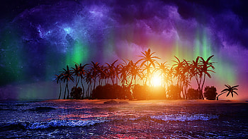 Cosmic island, ocean, aurora, sea, island, night, colors, digital, trees, clouds, sky, water, sunset HD wallpaper