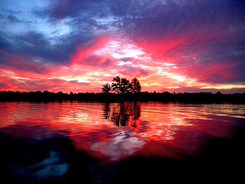 River sunset, river, clouds, sky, sunset, evening, tree HD wallpaper