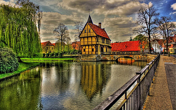 Cities, Water, Houses, Rivers, Trees, Grass, Sky, Architecture, Clouds, City, Reflection, Road, Beauty, House, Bridge, Colors, Color, View, Colorful, r, Germany HD wallpaper