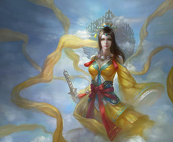Goddess, blue, frumusete, light night, art, girl, wind, fantasy, yellow, luminos HD wallpaper