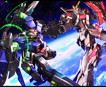 00 Raiser vs Unicorn, particle, gundam unicorn, 00 raiser, earth, anime, mecha, green, gundam, destroy mode, red, space, gundam 00 HD wallpaper