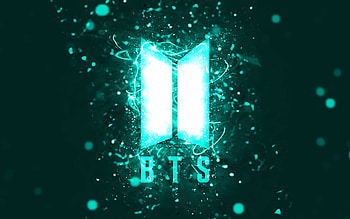 BTS turquoise logo, , turquoise neon lights, creative, turquoise abstract background, Bangtan Boys, BTS logo, music stars, BTS, Bangtan Boys logo HD wallpaper