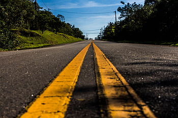 Deserted road with bright yellow lines, surrounded by greenery under a blue sky. HD wallpaper
