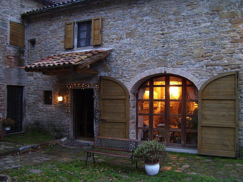 Family house at Christmas - Italy, backyard, bench, pot pine, beautiful, christmas decoration door, big lightining window, stone house HD wallpaper
