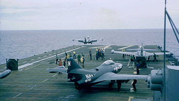 F9F Panther on CV-47, navair, cv-47, 1950, panther, jets, navy, f9f, fighters HD wallpaper