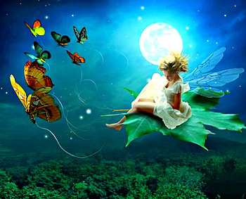 Fairy nights, fairy, butterflies, moon, fantasy, magical, leaf, flowers HD wallpaper