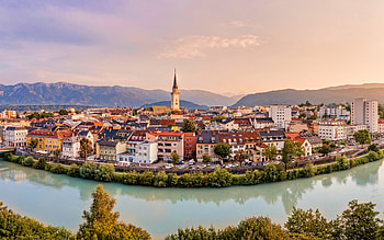 Villach, , skyline cityscapes, austrian cities, sunset, river, Austria, Europe HD wallpaper