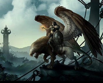 Sorceress Riding A Griffin, sorceress, magic, griffin, tower HD wallpaper