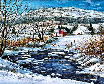 Below the Foothills F, winter, architecture, art, landscape, beautiful, four seasons, illustration, houses, artwork, scenery, wide screen, painting, snow, water HD wallpaper