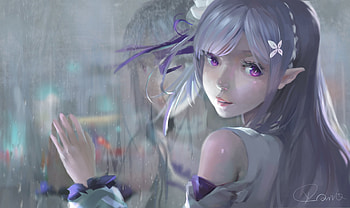 Reflection, cute, long hair, dress, beauty, nice, maiden, , happy, adorable, female, mirror, sweet, white, smiling, smile, girl, beautiful, purple, kawaii, anime girl, simple, anime, pretty, emilia, lovely, realistic HD wallpaper