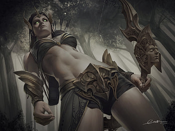 Archer girl, view from down, fantasy, kable lin, archer, girl HD wallpaper