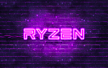 AMD Ryzen violet logo, , violet brickwall, AMD Ryzen logo, brands, AMD Ryzen neon logo, AMD Ryzen HD wallpaper