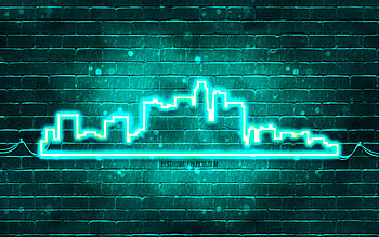 Los Angeles turquoise neon silhouette, , turquoise neon lights, Los Angeles skyline silhouette, turquoise brickwall, american cities, neon skyline silhouettes, USA, Los Angeles silhouette, Los Angeles HD wallpaper