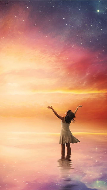 Magical Sky, star, colors, ocean, sky, little girl, fantasy, woman HD phone wallpaper