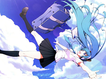 Hatsune Miku, heads, bag, girl, vocaloid, long hair, falling, anime, clouds HD wallpaper