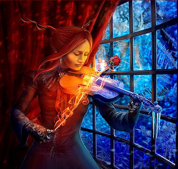 VIOLINE WITH FIRE AND ROSE, blue, art, woman, dimensions, rose, digital, music, 3d, red, fire violine, different song HD wallpaper
