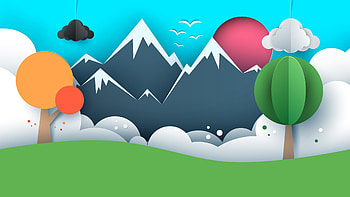 Illustration, mountains, clouds, trees, landscape HD wallpaper